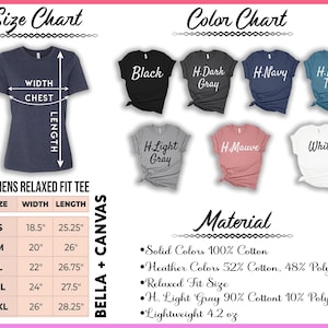 May include: A size and color chart for women's relaxed fit tees. The chart includes measurements for sizes S to 2XL, with width and length in inches. Color options include black, dark gray, navy, deep teal, light gray, mauve, and white. The material is 100% cotton for solid colors.