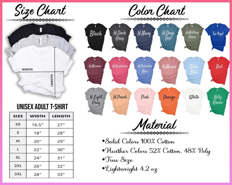 May include: A size and color chart for unisex adult t-shirts. The chart displays various colors, including black, navy, and red, and sizes ranging from XS to 3XL. The material is listed as 100% cotton for solid colors and a blend for heather colors.