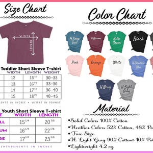 May include: A size and color chart for unisex short sleeve t-shirts. The chart includes measurements in inches for toddler and youth sizes, along with a color palette of various shirt colors. The material is listed as 100% cotton and a heather blend.