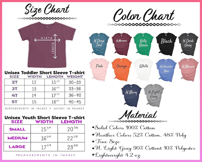 May include: A size and color chart for unisex short sleeve t-shirts. The chart includes measurements in inches for toddler and youth sizes, along with a color palette of various shirt colors. The material is listed as 100% cotton and a heather blend.