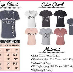 May include: A size and color chart for women's relaxed fit V-neck tees. The chart displays various colors, including white, black, and navy. Measurements are provided in inches for sizes S to 2XL, with chest and length dimensions. The material composition is also listed.