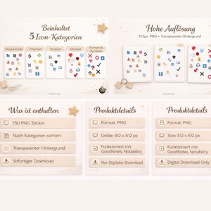 Könnte beinhalten: Grafik mit Produktdetails mit deutschem Text. Enthält 150 PNG-Sticker, sortiert nach Kategorie, mit transparentem Hintergrund. Die Größe beträgt 512 x 512 Pixel und funktioniert mit GoodNotes und Notability. Nur digitaler Download.