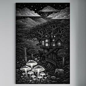 May include: Monochrome art print featuring a treehouse scene. The image shows a treehouse with a spiral staircase, illuminated mushrooms, and an elephant. The background depicts a starry night sky and clouds.