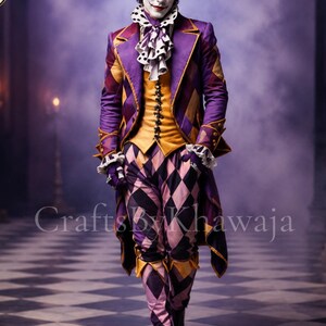 Herr Gotisk Gycklarkostym Lila Harlekinfrack Halloween Karneval Cosplay Maskerad Renässanskostym Set