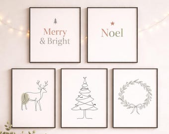 Minimalist Christmas Wall Art Set of 5, Scandinavian Printable Bundle, Neutral Holiday Decor, Modern Line Art, Digital Download