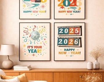 Retro New Year Wall Art Set of 4 | 2026 Mid-Century Modern Posters | Vintage High Quality New Year Prints | Happy New Year Printable Decor