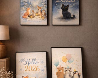 Whimsical New Year Animals Wall Art Set of 4 | Cute 2026 Animal Prints | Cozy Winter Nursery Decor | New Year Printable Art