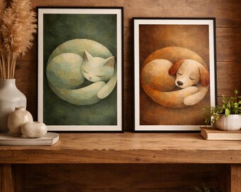 Abstract Minimalist Animal Wall Art Set of 2 | Sleeping Cat & Dog Prints | Modern Cozy Neutral Decor | Printable Artwork