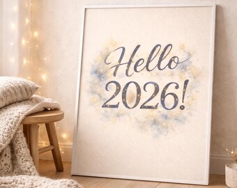 Hello 2026 New Year Printable Wall Art, Modern Minimal Decor, Night Sky Simplistic Typography Poster, New Year Print, Digital Download