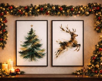 Watercolor Christmas Wall Art Set of 2, Tree & Reindeer Printable, Gold Splash Holiday Decor, Winter Animal Print, Digital Download