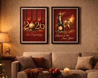 2026 New Year Wall Art Set of 2 | Cheers to the New Year Printable | Elegant Red & Gold Celebration Prints | New Beginnings Digital Download