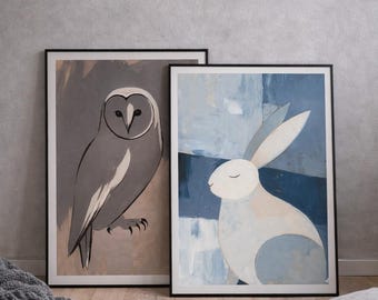 Scandinavian Animal Print Set | Minimalist Owl & Rabbit, Neutral Decor (Digital Download)