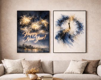 New Year Wall Art Set of 2, Happy New Year Fireworks & Midnight Clock Prints, Watercolor Decor, Digital Download