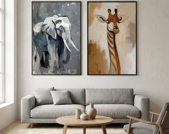 Abstract Elephant & Giraffe Wall Art Set of 2 | Minimalist Safari Animal Prints | Neutral Modern Scandinavian Decor | Digital Download