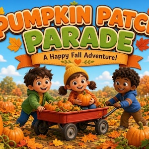 Puede incluir: Una ilustración digital titulada PUMPKIN PATCH PARADE A Happy Fall Adventure! que muestra a tres niños en un campo de calabazas con un vagón rojo. La escena incluye calabazas naranjas, follaje otoñal, una valla blanca y un granero rojo.