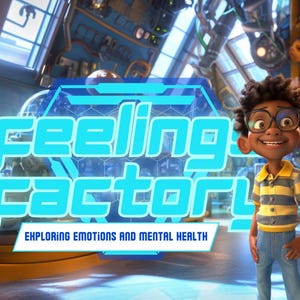 Puede incluir: Una ilustración digital que muestra a un personaje sonriente con cabello oscuro rizado y gafas, vistiendo un polo a rayas amarillas y azules y pantalones vaqueros azules. Se muestra el texto "Feelings Factory" y "Exploring Emotions and Mental Health".
