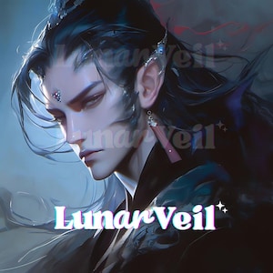 May include: Digital art portrait of a person with long black hair, pointed ears, and a jeweled forehead. The person is wearing a dark outfit and earrings. The text "Lunar Veil" is displayed in a colorful font at the bottom.