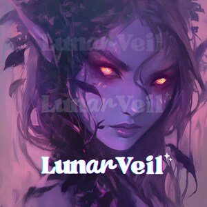 Puede incluir: Retrato de arte digital de un personaje de fantasía con piel púrpura, cabello largo y oscuro y ojos amarillos brillantes. La imagen presenta el texto "Lunar Veil" en una fuente estilizada, con un estilo suave y pictórico y una paleta de colores púrpura y rosa.