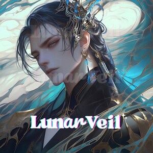 以下が含まれることがあります： 長い黒髪と白い肌の人物のデジタルアート。金と青の装飾品とイヤリングを身につけている。黒い衣装に金のアクセント。画像には流れるような青と金の要素があり、下部に「Lunar Veil」のテキストが表示されています。