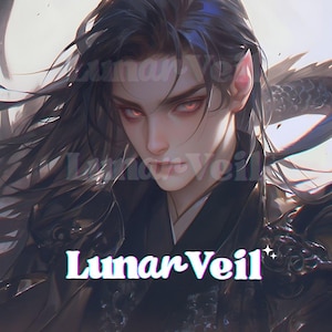 May include: Digital artwork featuring a person with long black hair and red eyes, dressed in a black outfit with intricate embellishments. The image includes the text "Lunar Veil" in a decorative font at the bottom.