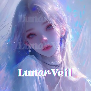May include: Digital art of a woman with long, flowing white hair and blue eyes. She wears a delicate necklace and earrings. The text "Lunar Veil" is displayed in a colorful, glowing font at the bottom of the image.
