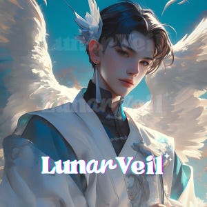 Puede incluir: Arte digital de una persona con alas de plumas blancas y un atuendo blanco y azul. La persona tiene cabello oscuro y lleva un pendiente largo. El texto "Lunar Veil" se muestra en la imagen.
