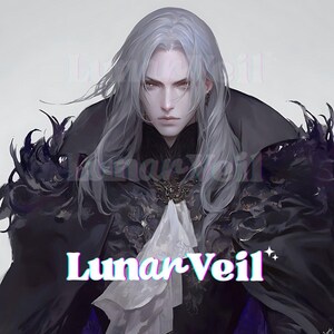 May include: Digital art of a person with long, silver hair, wearing a black cloak with feather accents. The person has a stern expression. The text "Lunar Veil" is displayed in a colorful, 3D font at the bottom of the image.