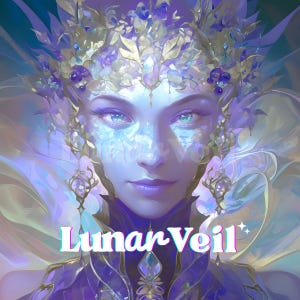 Puede incluir: Retrato de arte digital de una mujer con piel azul, adornada con una corona y pendientes enjoyados. La imagen presenta el texto "Lunar Veil" en una fuente estilizada, sobre un fondo de morados y azules etéreos.