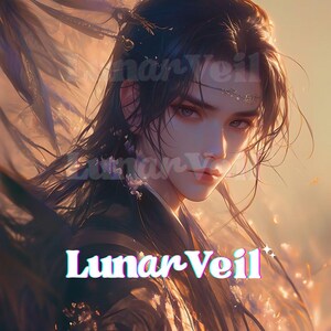 May include: Digital art portrait of a person with long, dark hair and a serene expression. The image features a soft, warm color palette with accents of gold and purple. The text "Lunar Veil" is displayed in a stylized font at the bottom.