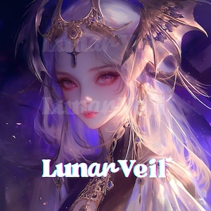 Puede incluir: Ilustración digital de una mujer con largo cabello blanco, adornada con una corona y pendientes dorados y azules. Sus ojos son rosados y viste un atuendo blanco y negro. El texto "Lunar Veil" se muestra en la parte inferior.