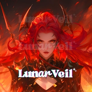 Può includere: Illustrazione digitale di una donna con lunghi capelli rossi e occhi infuocati. Indossa un'armatura scura e ha un'espressione determinata. L'immagine, a tema fantasy, presenta il testo "Lunar Veil".