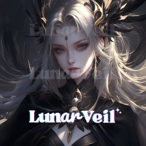 Peut inclure: Portrait numérique d'une femme aux longs cheveux argentés et à une cape noire. Elle porte un ornement de tête doré et noir. Le texte "Lunar Veil" est affiché dans une police stylisée en bas de l'image.