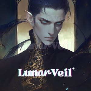 Pode incluir: Arte digital de um personagem de pele pálida com orelhas pontudas e olhos azuis, vestindo uma roupa preta com detalhes dourados. A imagem contém o texto "Lunar Veil".