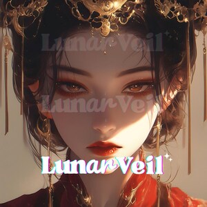 Può includere: Ritratto d'arte digitale di una donna con capelli scuri ed elaborata acconciatura dorata. La donna ha rossetto rosso e trucco per gli occhi. Il testo "Lunar Veil" è sovrapposto all'immagine in un carattere colorato.