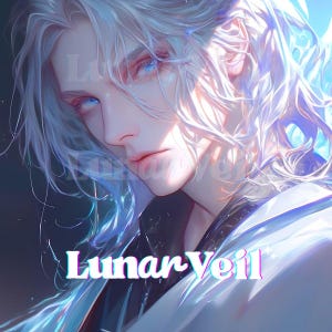 May include: Digital art portrait of a person with long, flowing, white hair and striking blue eyes. The image features a soft, ethereal glow and the text "Lunar Veil" in a stylized font. The person is wearing a white and black garment.