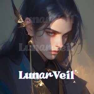 May include: Digital art portrait of a person with long, dark hair and pale skin. The person wears a black outfit and gold earrings. The text "Lunar Veil" is displayed in a stylized font at the bottom of the image.