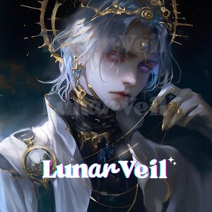 May include: Digital art of a person with pale skin, white hair, and striking red eyes. They wear ornate gold jewelry, including a crown and necklace. The image has the text "Lunar Veil" in a stylized font, suggesting a fantasy or gothic theme.