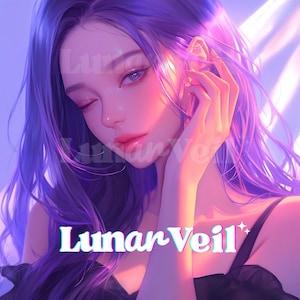 May include: A digital illustration of a person with long, vibrant purple hair, soft facial features, and closed eyes. The image features a glowing pink and purple light effect and the text Lunar Veil in a white, stylized font at the bottom.