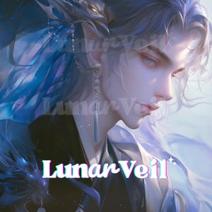 Può includere: Arte digitale di una persona con la pelle chiara e lunghi capelli bianchi fluenti. La persona indossa un abito scuro con un colletto alto e un copricapo decorativo. L'immagine ha un tema fantasy, con il testo "Lunar Veil" in primo piano.