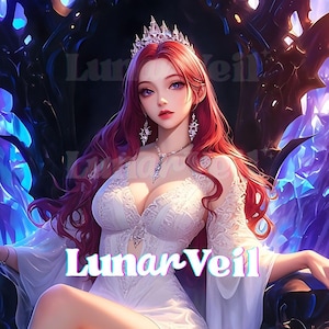 Pode incluir: Uma ilustração digital de uma figura com longos cabelos ruivos vestindo um vestido branco, uma coroa prateada e joias de prata. A figura está sentada contra um fundo de cristal azul escuro e brilhante com o texto Lunar Veil exibido.