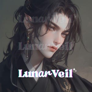 May include: Digital art portrait of a person with long, dark hair and pointed ears, wearing a black outfit with gold accents. The image features the text "Lunar Veil" in a stylized font.