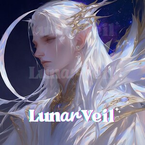 May include: Digital artwork depicting a pale-skinned figure with long white hair and pointed ears, wearing gold and silver jewellery. The figure is dressed in a white garment with flowing details. The text "Lunar Veil" is displayed in a colourful, stylised font.