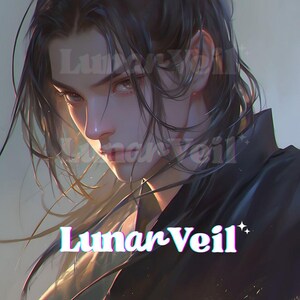 May include: Digital art portrait of a person with long black hair and a dark outfit. The image features the text "Lunar Veil" in a stylized font. The person has a focused expression, with a soft, artistic style.