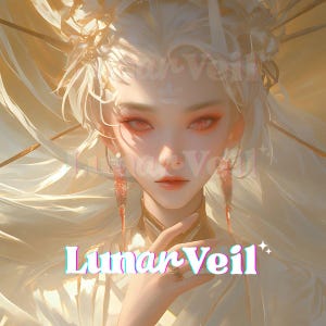 May include: Digital artwork of a person with pale skin, red eyes, and flowing white hair, wearing a golden headpiece. The image includes the text "Lunar Veil" in a colourful, stylised font. The overall aesthetic is ethereal and fantasy-inspired.