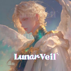 以下が含まれることがあります： 金髪、緑色の目、羽の生えた翼を持つ天上の人物のデジタルアート。その人物は、ターコイズと金の衣装を着ており、頭上には光輪があります。「Lunar Veil」というテキストが、カラフルで様式化されたフォントで表示されています。