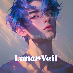 Könnte beinhalten: Eine digitale Illustration einer Person mit leuchtend blauem Haar, heller Haut und stechenden Augen. Die Beleuchtung zeigt warme orangefarbene und kühle blaue Töne. Der Text Lunar Veil ist in einer weißen, stilisierten Schrift unten zu sehen.