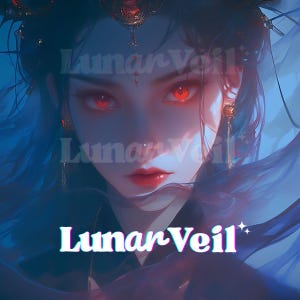 Op de afbeelding: Digitale kunst van een vrouw met opvallende rode ogen en lippen, versierd met sierlijke hoofddeksels en oorbellen. De afbeelding heeft een donkerblauw en paars kleurenschema, met de tekst "Lunar Veil" eroverheen.