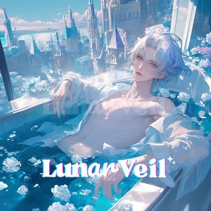 Pode incluir: Uma pessoa com cabelo azul claro vestindo uma camisa branca, parcialmente submersa em uma banheira com água azul e flores brancas. O texto "Lunar Veil" é exibido em primeiro plano, com uma paisagem urbana visível através de uma janela.