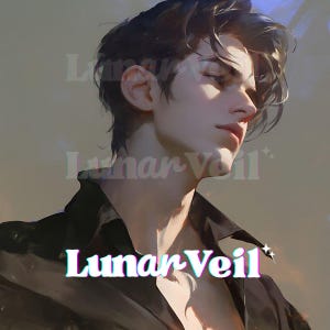 May include: Digital art portrait of a person with dark hair and a black shirt. The image has a soft, painterly style with the text "Lunar Veil" in the foreground.