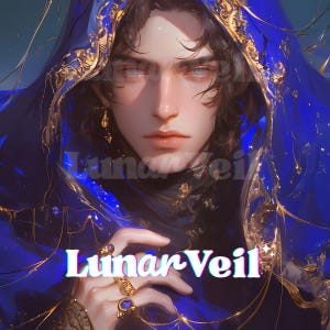 May include: Digital art of a person with pale skin and white eyes, wearing a royal blue hooded cloak with gold embellishments. The image has the text "Lunar Veil" in a stylized font at the bottom. The person is adorned with gold jewelry.